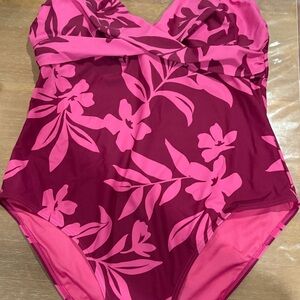Womens Swim Floral One-Piece Swimsuit - Pink and Burgundy XL